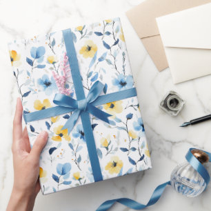 Blue Yellow Watercolor Wildflower Wrapping Paper