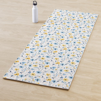 Blue Yellow Watercolor Wildflower Yoga Mat
