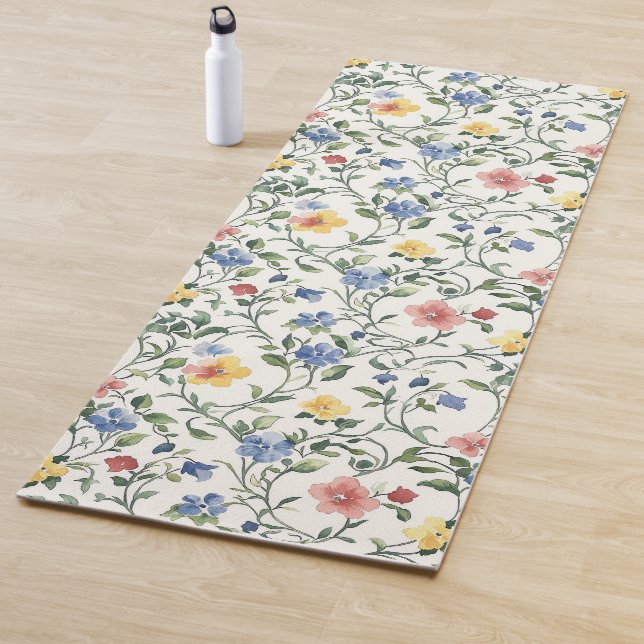 Blue Yellow Watercolor Wildflower  Yoga Mat (In Situ)