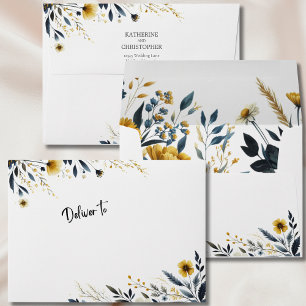 Blue Yellow Watercolor Wildflowers Wedding Envelope