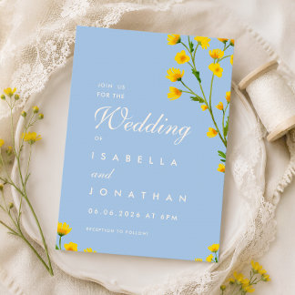 Blue & Yellow watercolor wildflowers wedding Invitation