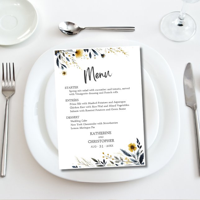 Blue Yellow Watercolor Wildflowers Wedding Menu (Blue Yellow Watercolor Wildflowers Elegant Menu with Menu Choices.)