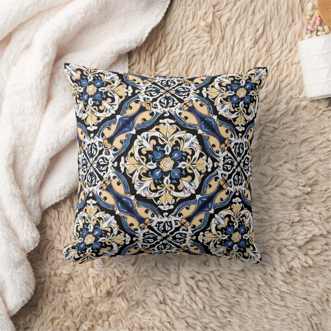 Blue Yellow White Black Azuleju Spanish Moroccan Cushion (Blanket)