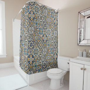 Blue Yellow White Black Azuleju Spanish Moroccan Shower Curtain