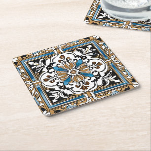Blue Yellow White Black Azuleju Spanish Moroccan Square Paper Coaster