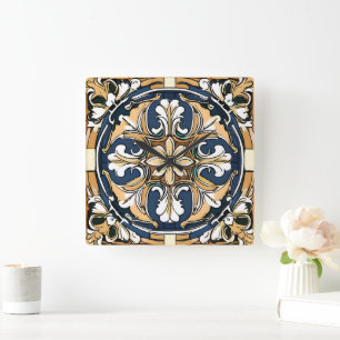 Blue Yellow White Black Azuleju Spanish Moroccan Square Wall Clock