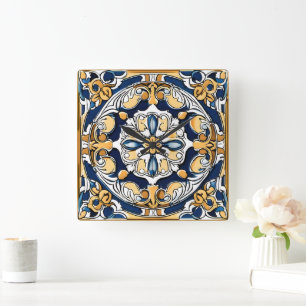 Blue Yellow White Black Azuleju Spanish Moroccan Square Wall Clock