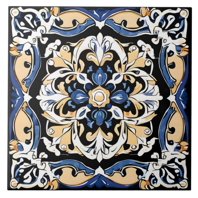 Blue Yellow White Black Azuleju Spanish Moroccan Tile (Front)