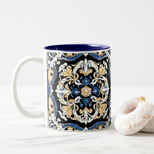 Blue Yellow White Black Azuleju Spanish Moroccan Two-Tone Coffee Mug