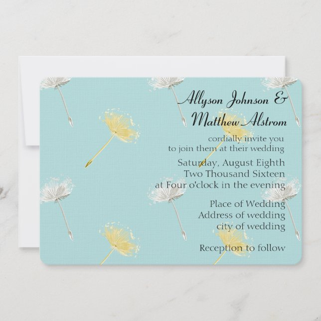 Blue Yellow White Dandelion Flowers Wedding Invitation (Front)