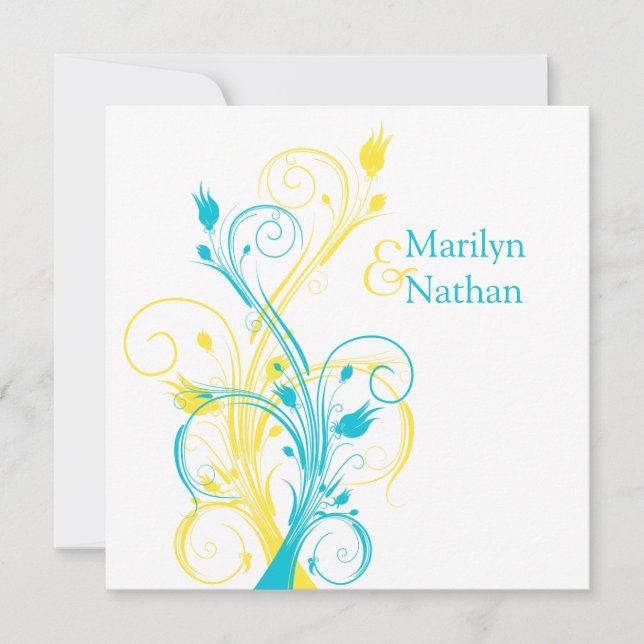 Blue, Yellow, White Floral Sq. Wedding Invitation (Front)