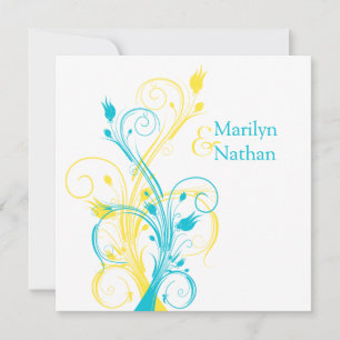 Blue, Yellow, White Floral Sq. Wedding Invitation