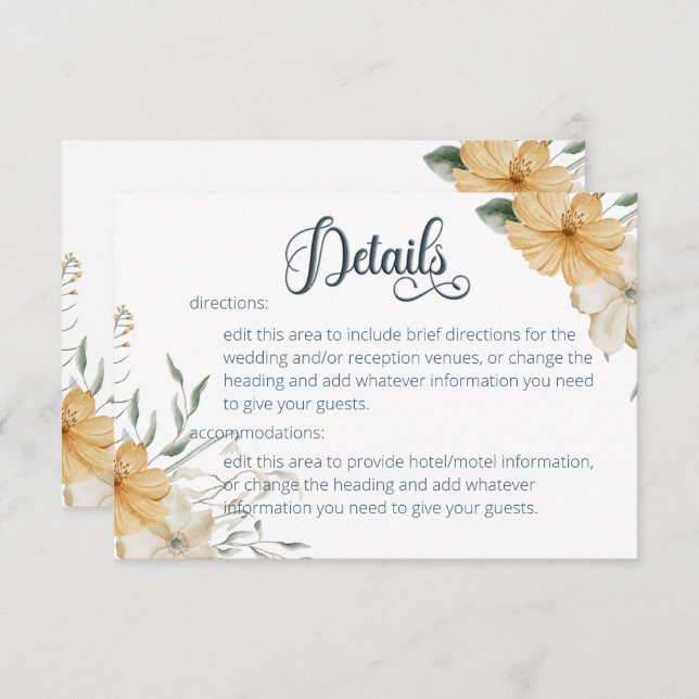 Blue Yellow & White Floral Wedding Details Enclosure Card (Front/Back)