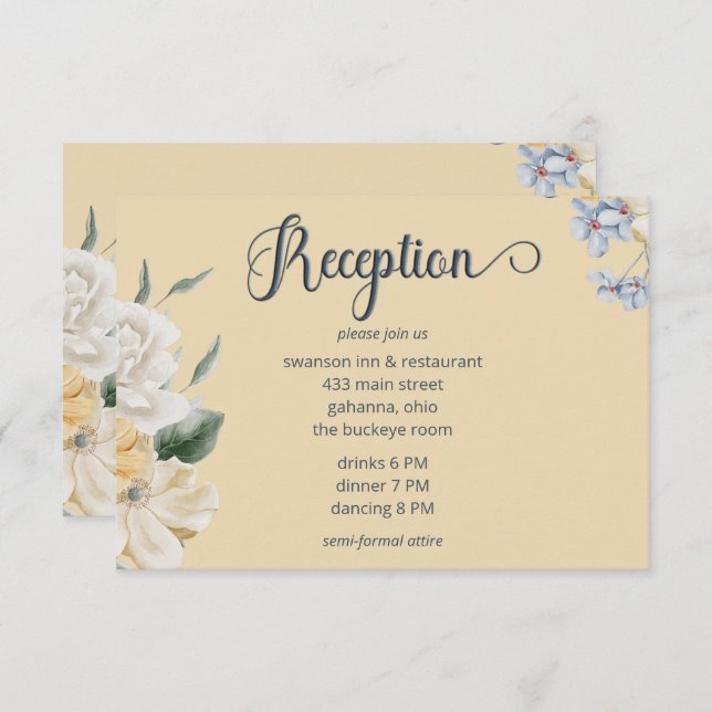 Blue Yellow & White Floral Wedding Reception Enclosure Card (Front/Back)