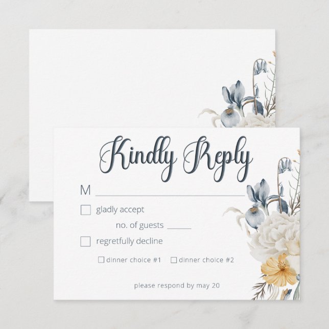 Blue Yellow & White Floral Wedding RSVP Card (Front/Back)