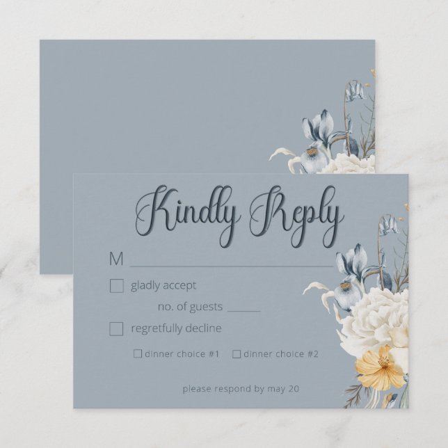 Blue Yellow & White Floral Wedding RSVP Card (Front/Back)