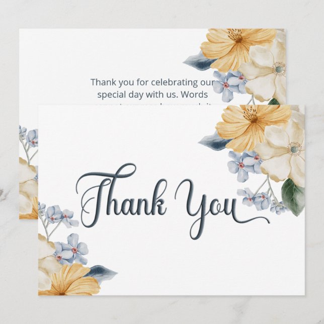 Blue Yellow & White Floral Wedding Thank You Card (Front/Back)