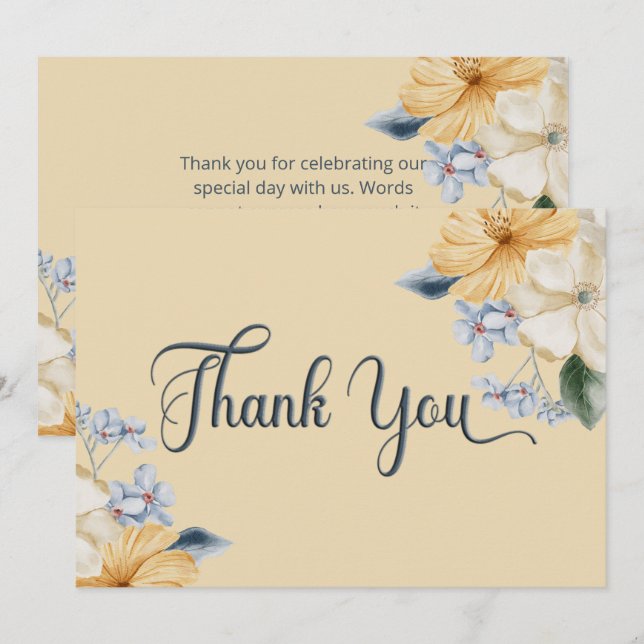 Blue Yellow & White Floral Wedding Thank You Card (Front/Back)