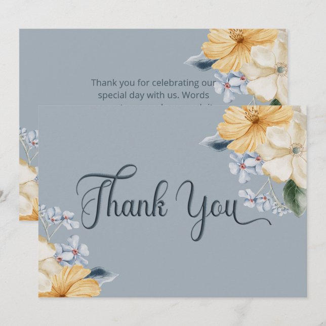 Blue Yellow & White Floral Wedding Thank You Card (Front/Back)