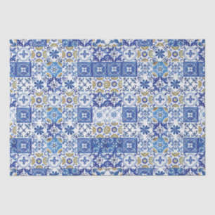 Blue Yellow White Meditteranean Mosaic Tiles  Tissue Paper