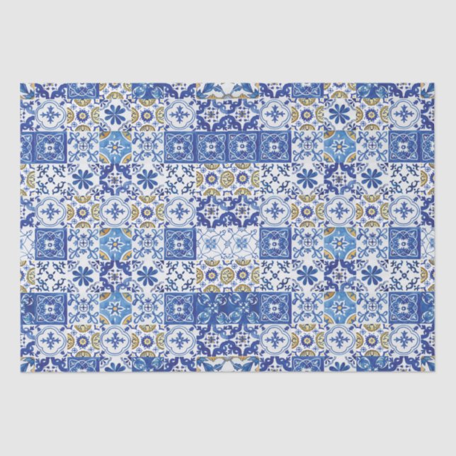 Blue Yellow White Meditteranean Mosaic Tiles  Tissue Paper (Front)