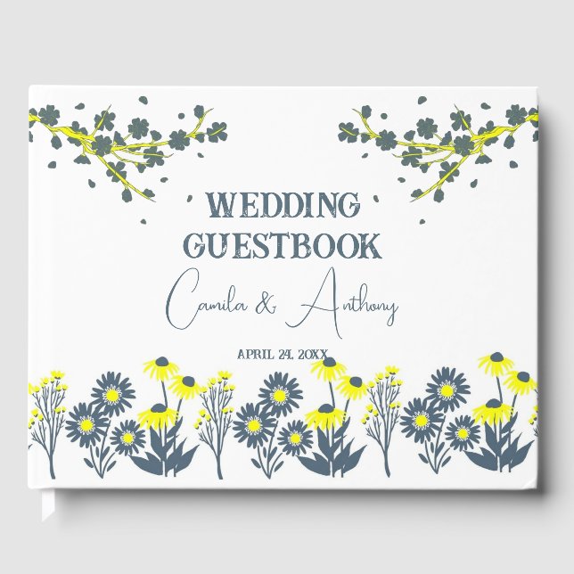 Blue Yellow Wildflower Floral Boho Wedding Guest Book (Front)