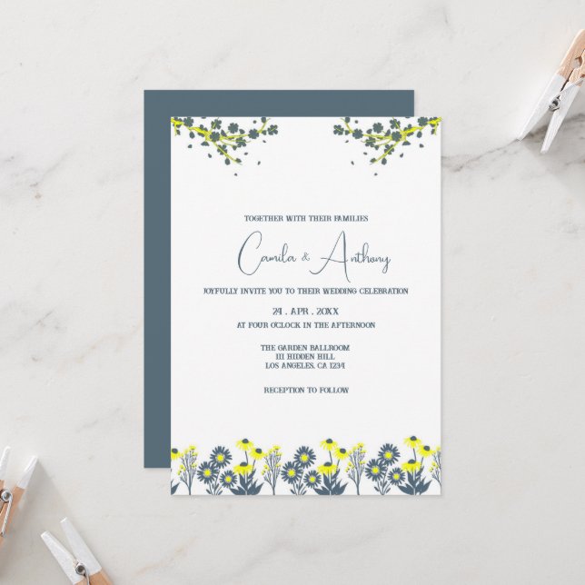 Blue Yellow Wildflower Floral Boho Wedding Invitation (Front/Back In Situ)