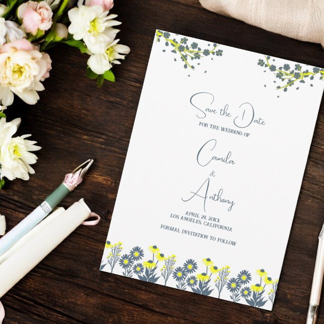 Blue Yellow Wildflower Floral Boho Wedding Invitation (Creator Uploaded)