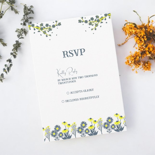 Blue Yellow Wildflower Floral Boho Wedding RSVP Card (Creator Uploaded)
