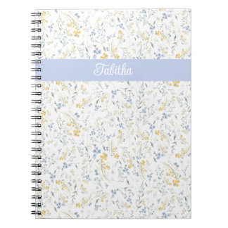 Blue Yellow Wildflower Pattern Custom Name Notebook