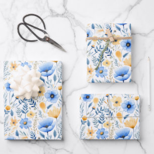 Blue Yellow Wildflowers Boho Baby Bridal Shower  Wrapping Paper Sheet
