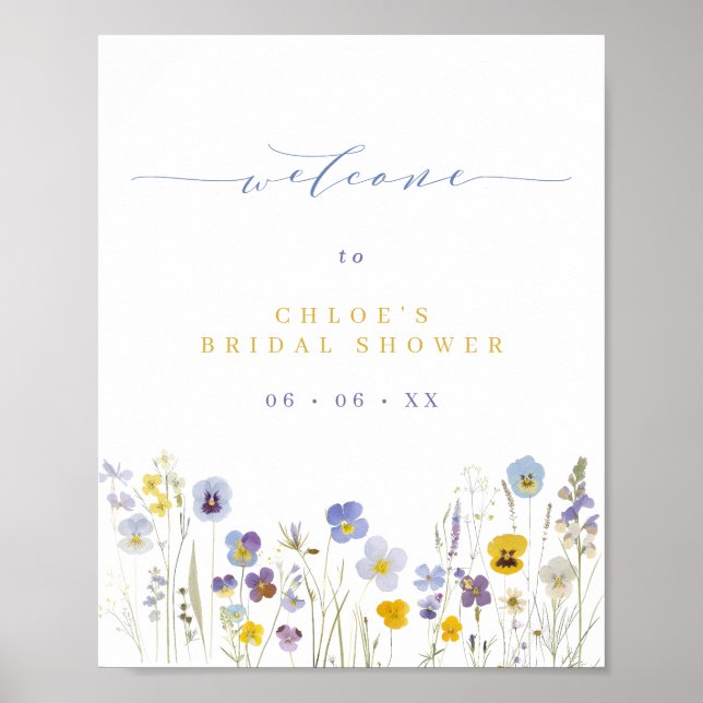Blue & Yellow Wildflowers Bridal Shower Welcome Poster (Front)