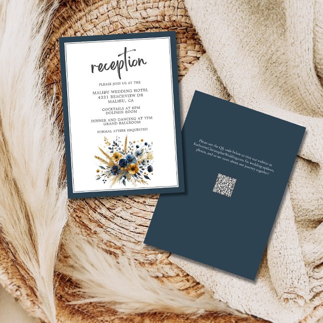 Blue Yellow Wildflowers Elegant Wedding Reception Enclosure Card (Blue Yellow Elegant Wildflower Wedding Reception Enclosure Card with QR Code for Wedding Website.)