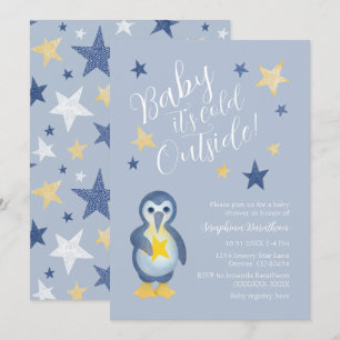 Blue Yellow Winter Penguin Baby Shower Invitation