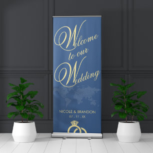 Blue & Yellow World Map Destination Wedding Retractable Banner