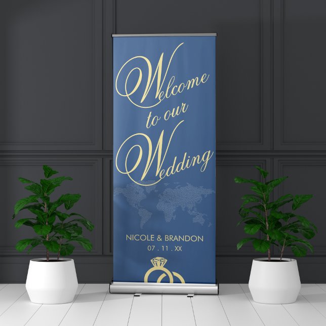 Blue & Yellow World Map Destination Wedding Retractable Banner (Creator Uploaded)