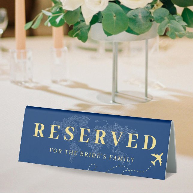Blue & Yellow World Map Plane Destination Wedding (Blue & Yellow World Map Plane Destination Wedding Table Tent Sign)