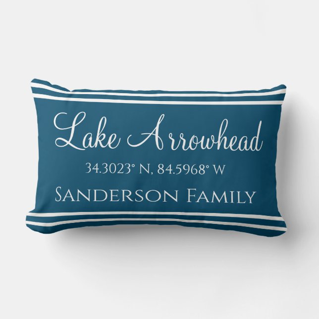  Blue Your Lake and Family Name  Map Coordinates Lumbar Cushion (Front)