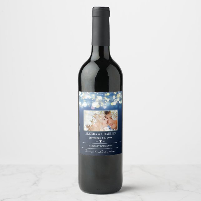 Blue Your Photo Date Names Wedding Wine Label (Front)