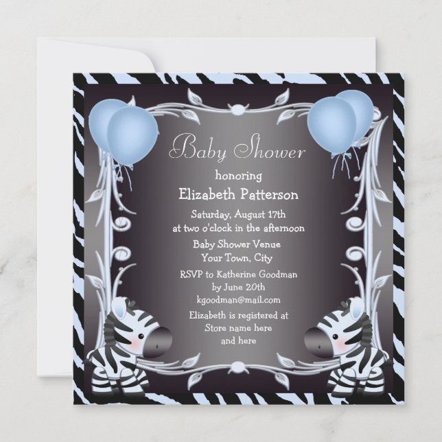 Blue Zebra & Balloons Animal Print Baby Shower Invitation (Front)