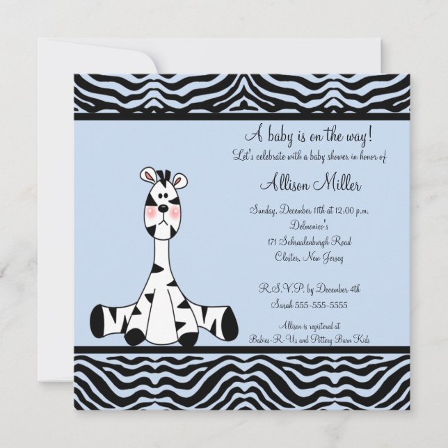 Blue Zebra Boy Baby Shower Invitation (Front)