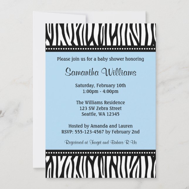 Blue Zebra Boy Baby Shower Invitations (Front)