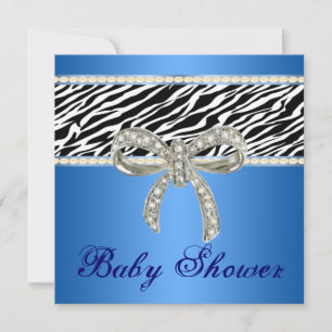 Blue Zebra Diamond Bow Baby Shower Invitation