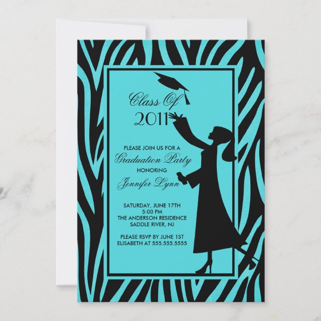 Blue Zebra Graduation Invitation Silhouette Grad (Front)