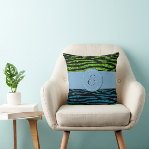 Blue Zebra, Green Zebra, Glitter Zebra, Monogram Cushion