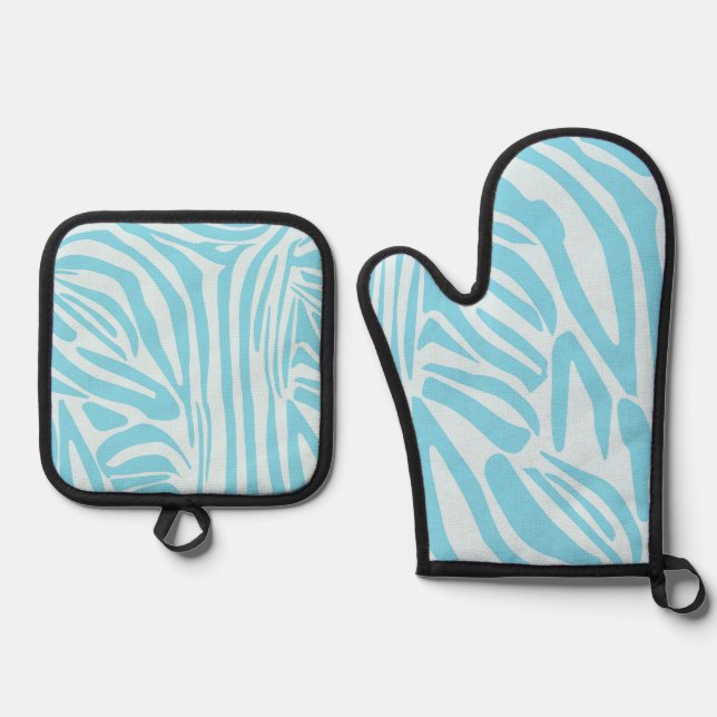Blue Zebra Pattern Oven Mitt & Pot Holder Set (Front)