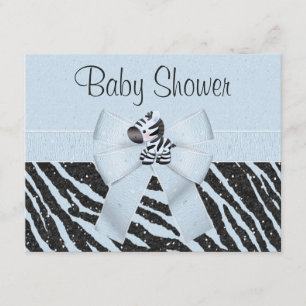 Blue Zebra, Printed Bow & Glitter Look Baby Shower Invitation