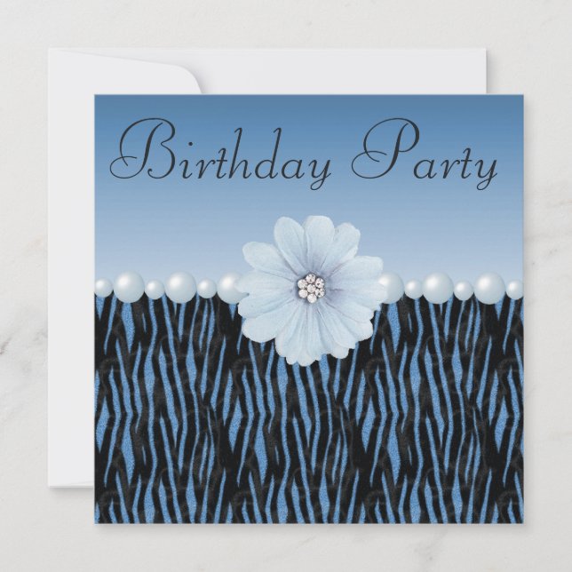 Blue Zebra Stripes, Pearls & Flower Birthday Party Invitation (Front)