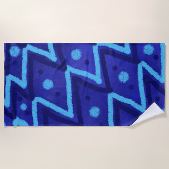 Blue Zig Zags Dots Funky Pattern  Beach Towel (Front)