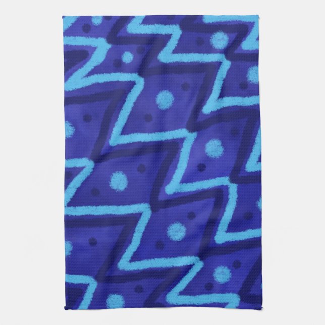 Blue Zig Zags Dots Funky Pattern  Tea Towel (Vertical)